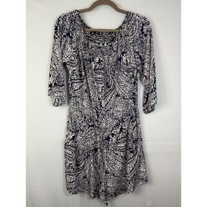 Veronica M Paisley Romper Womens Large Navy Blue Smocked Off Shoulder 3/4 Sleeve